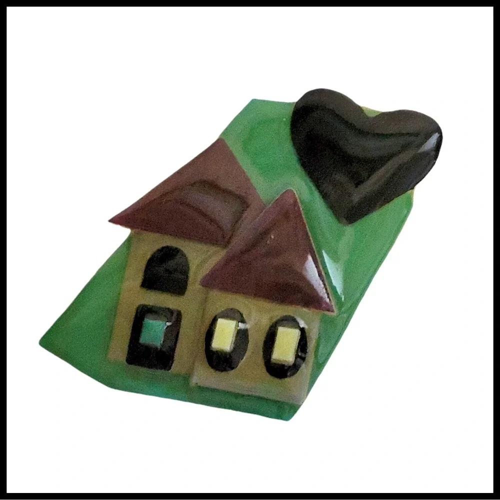 Vintage House Pins by Lucinda Pin  Brooch Home Heart Green Brown Valentine's Day